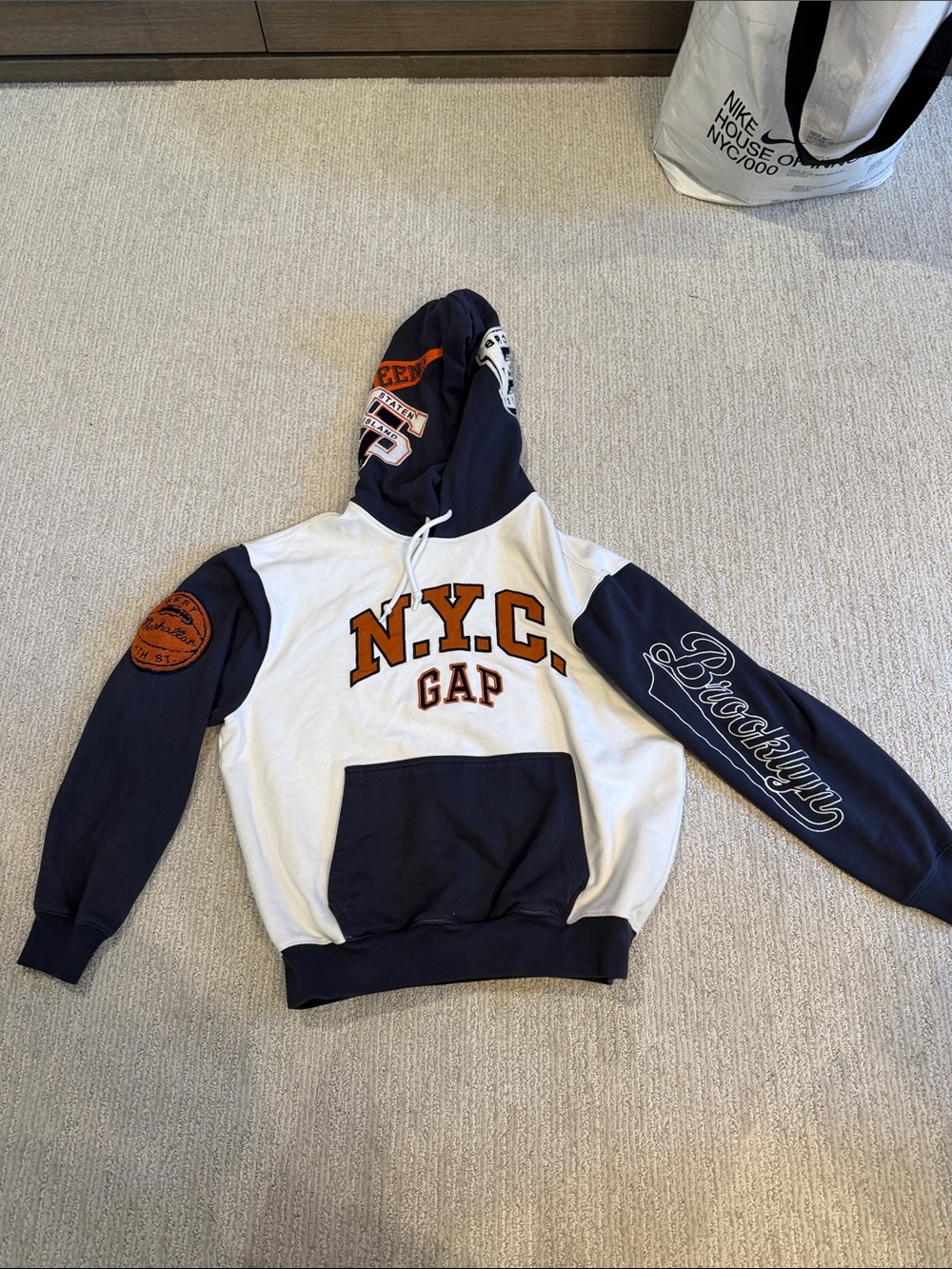 GAP N.Y.C. Colorblock Hoodie in Navy, White & Orange